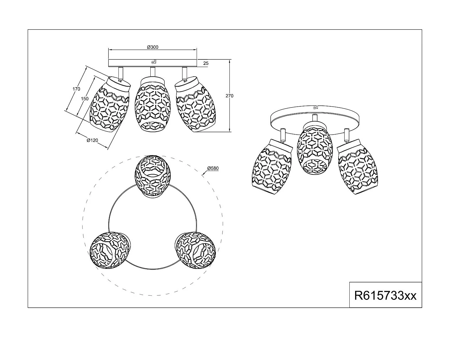 Plafoniera 3 spots, metallo, bianco e legno, D 58 cm, Bidar