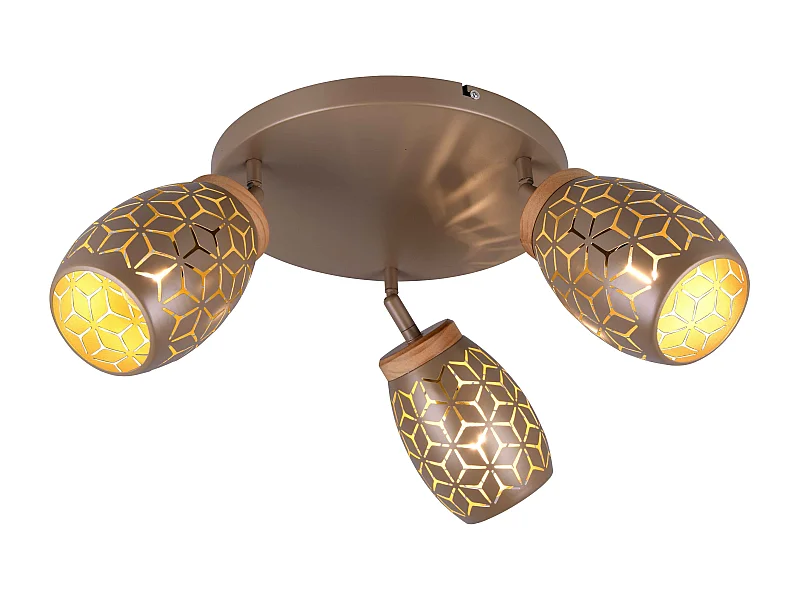 Plafoniera 3 spots, metallo, caffè e legno, D 58 cm, Bidar