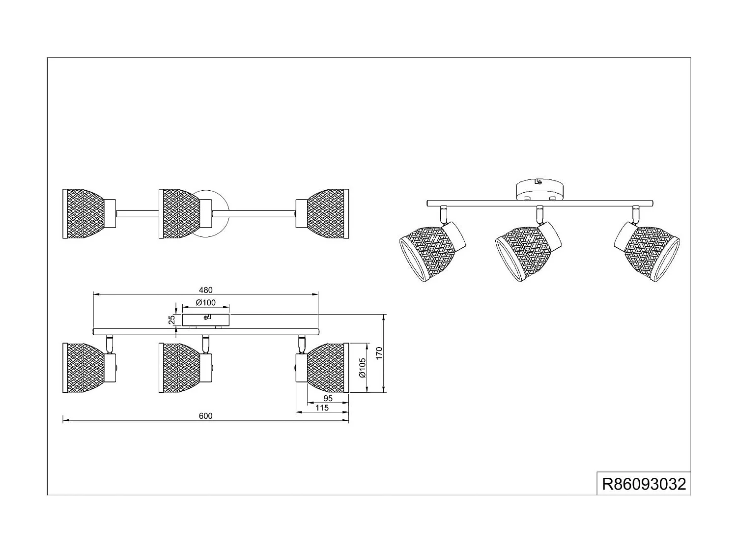 Barra 3 spots, bambù e metallo, naturale e nero, L 60 cm, Laurent