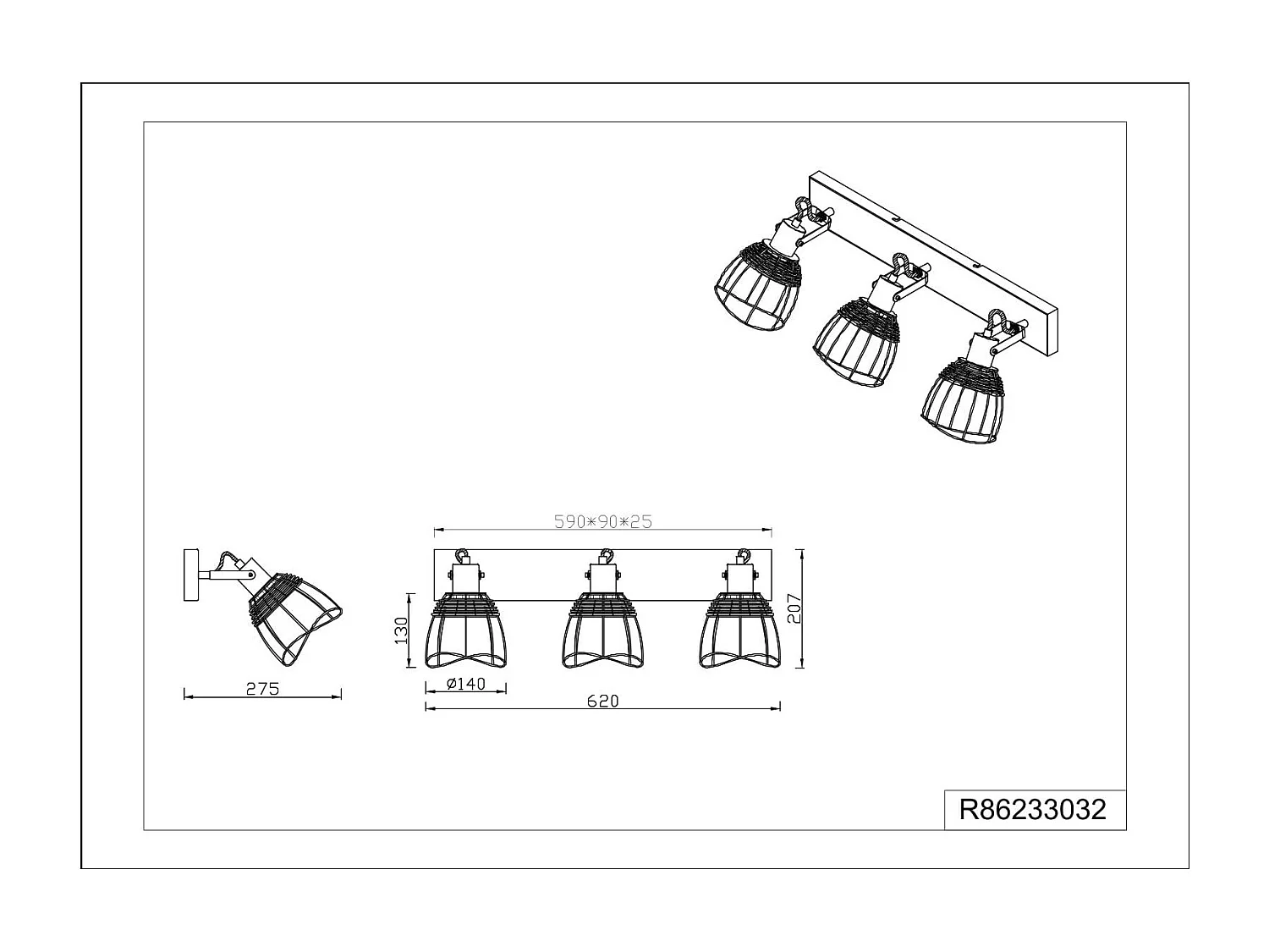 Barra 3 spots, rattan e metallo, naturale e nero, L 62 cm, Jerome