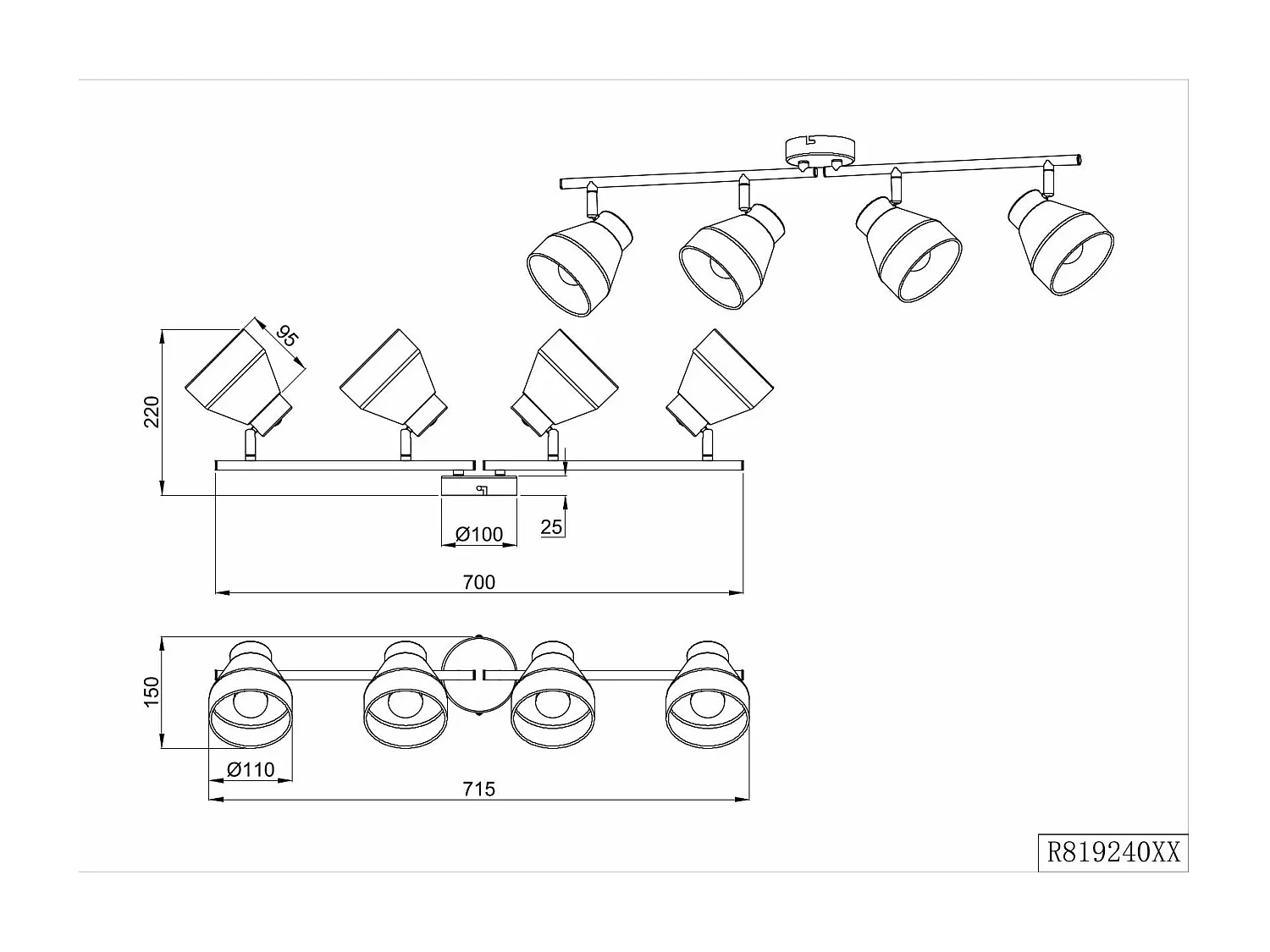 Barra 4 spots, metallo e legno, nero e oro, L 72 cm, Valentin