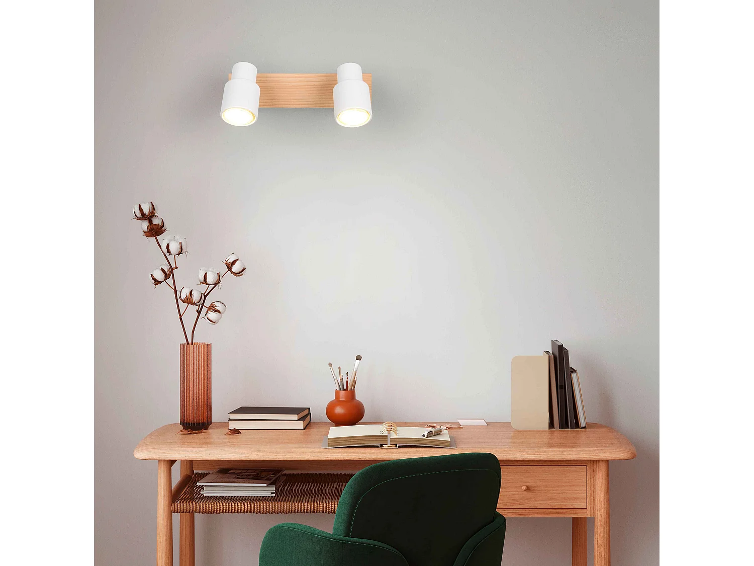 Barra 2 spots, metallo e legno, bianco, L 31 cm, Pierre