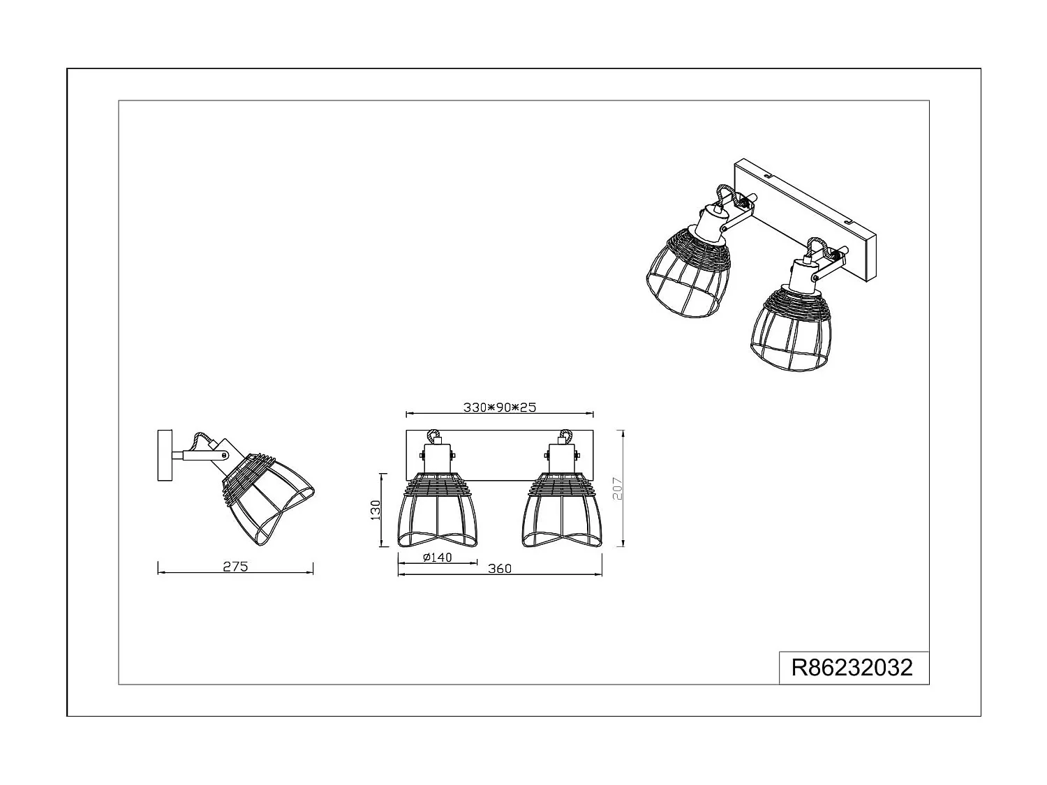 Barra 2 spots, rattan e metallo, naturale e nero, L 36 cm, Jerome