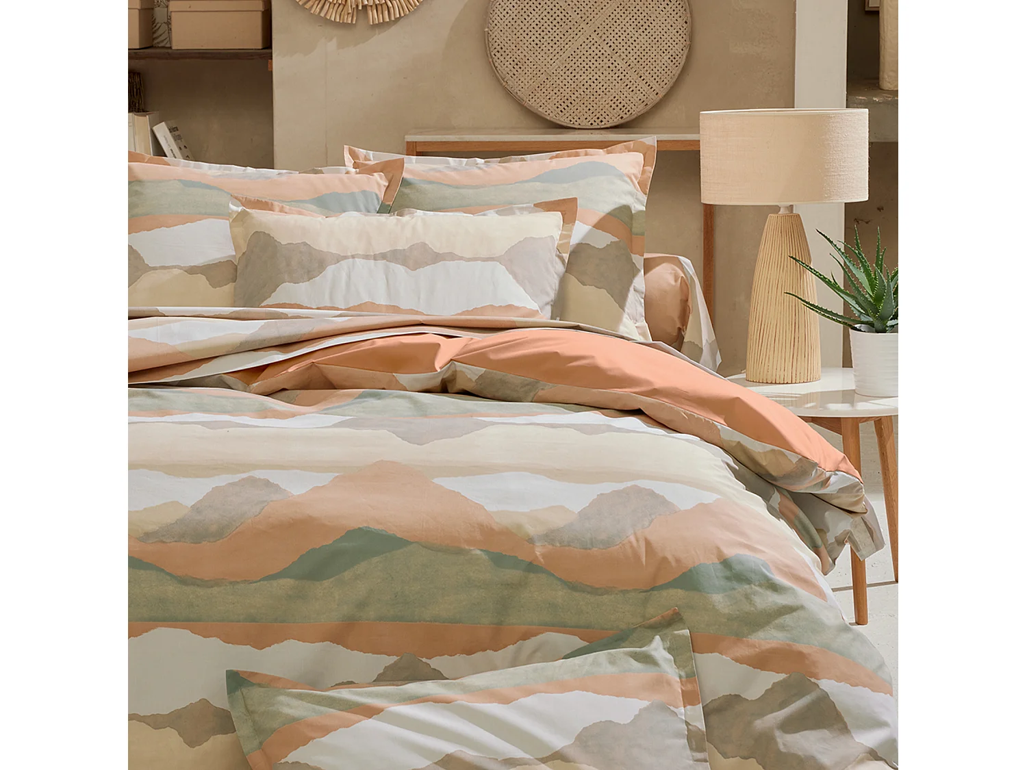 3-teiliges Bettwäsche-Set aus Baumwollperkal abstraktes Landschaftsmotiv Bezug + Kissenbezüge