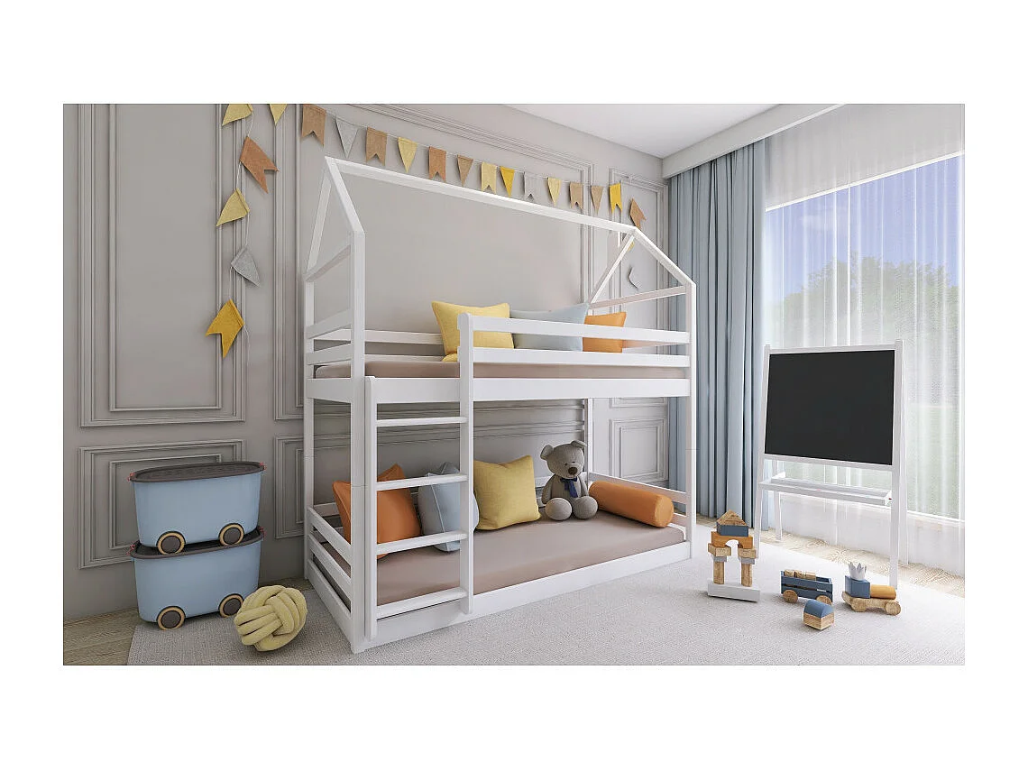 Lit Superposé Cabane LEXA 90X190 Blanc - blanc Livré avec sommiers