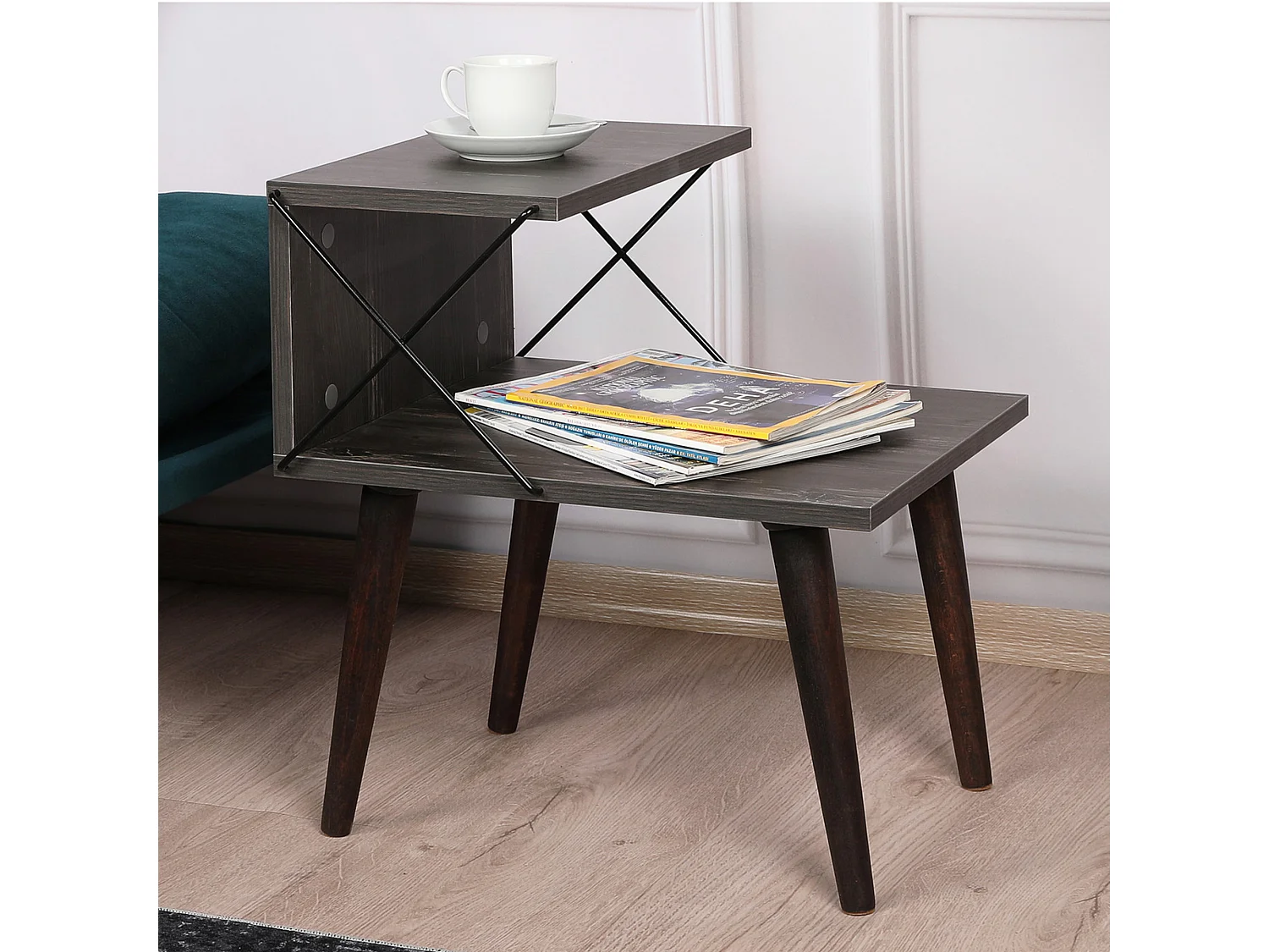 Table d'appoint Bergen avec étagère panneau de particules hêtre 50 x 40 x 55 cm anthracite bois foncé [en.casa]
