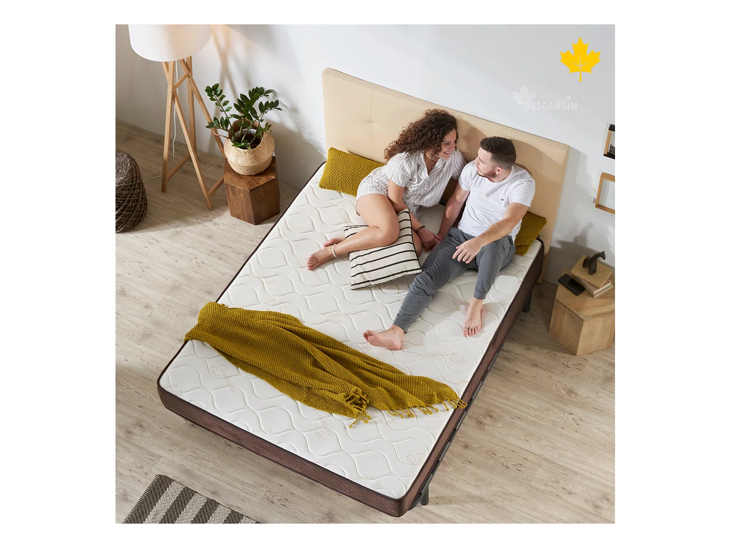 Pack Colchon + Cabecero Tapizado + Somier Descansin | 105 x 200 | Beis | Ideal para Personas con Dolores de Espalda | Facil montaje | Silencioso