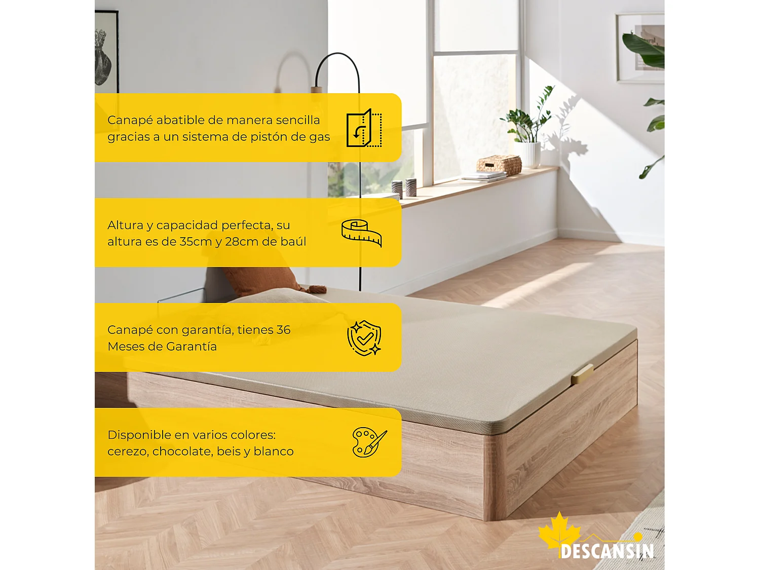 Canapé Abatible 180 x 190 cm | Color Cerezo | Con Subida A Domicilio | Reforzado | Gran Almacenaje | Descansin