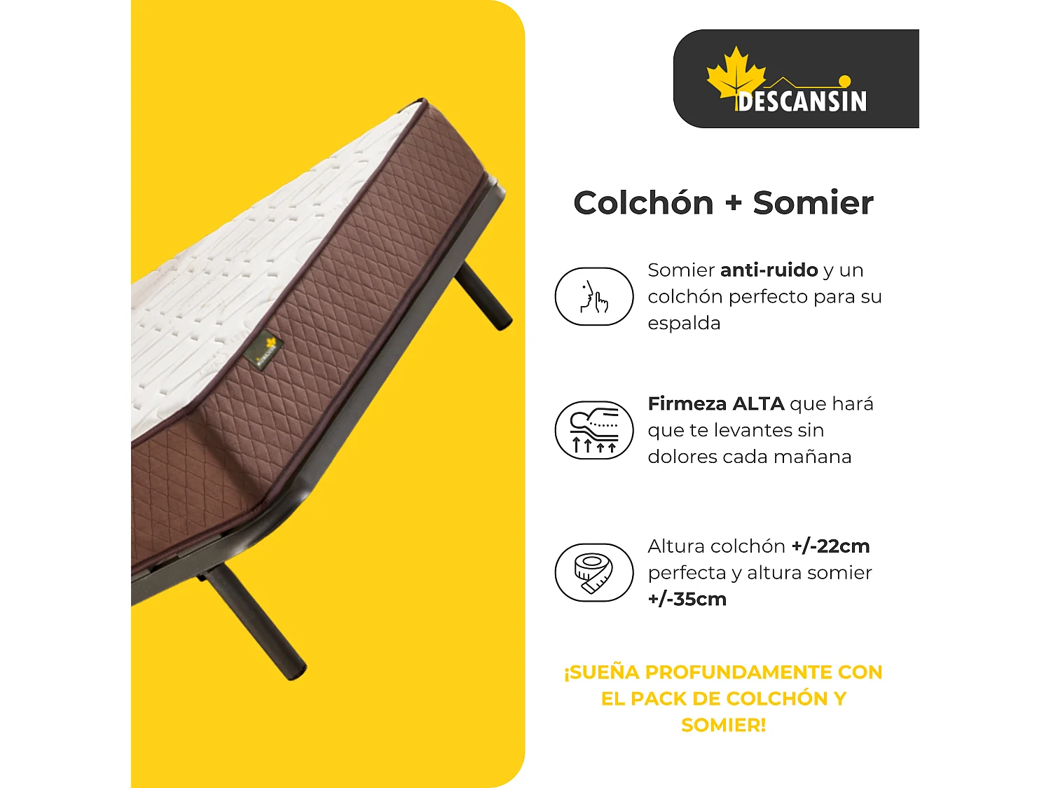 Pack Colchón Descansin + Somier con patas 140 x 180 | Ideal para Personas con Dolores de Espalda | Alta Firmeza | Silencioso