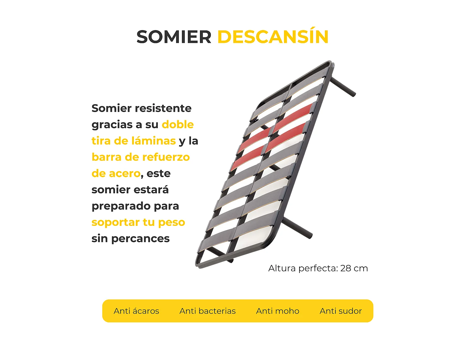 Pack Colchón Descansin + Somier con patas 105x200 | Ideal para Personas con Dolores de Espalda | Alta Firmeza | Silencioso