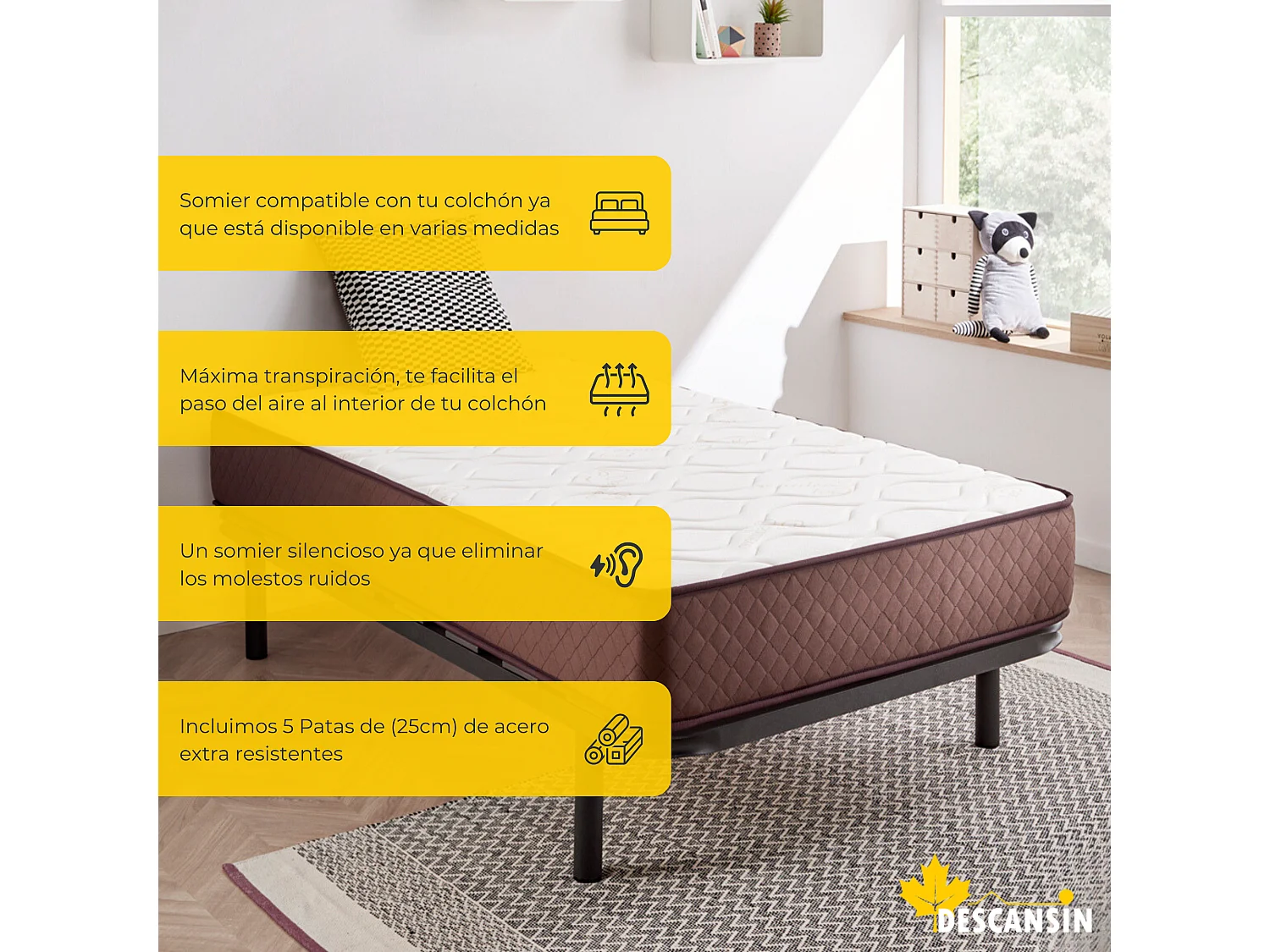 Somier con Patas Descansin | 135x180 cm | Materiales Resistentes | Silencioso | Gran Transpirabilidad