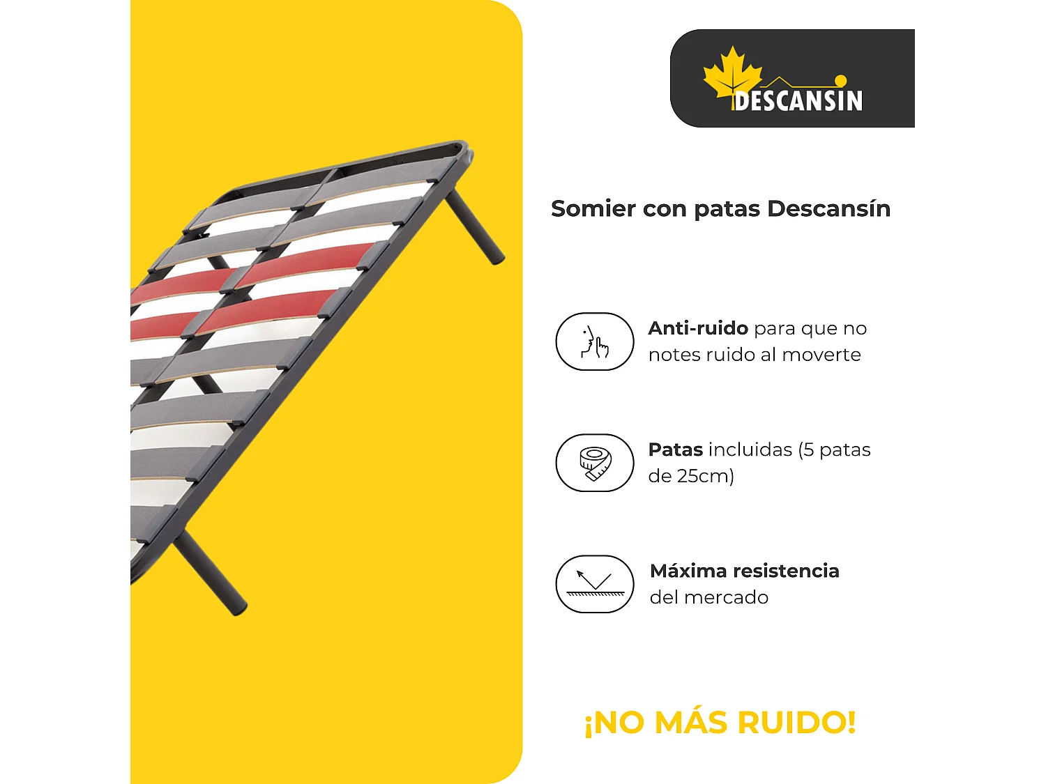 Sommier com estrado de ripas e pés 100x190  cm | Silencioso