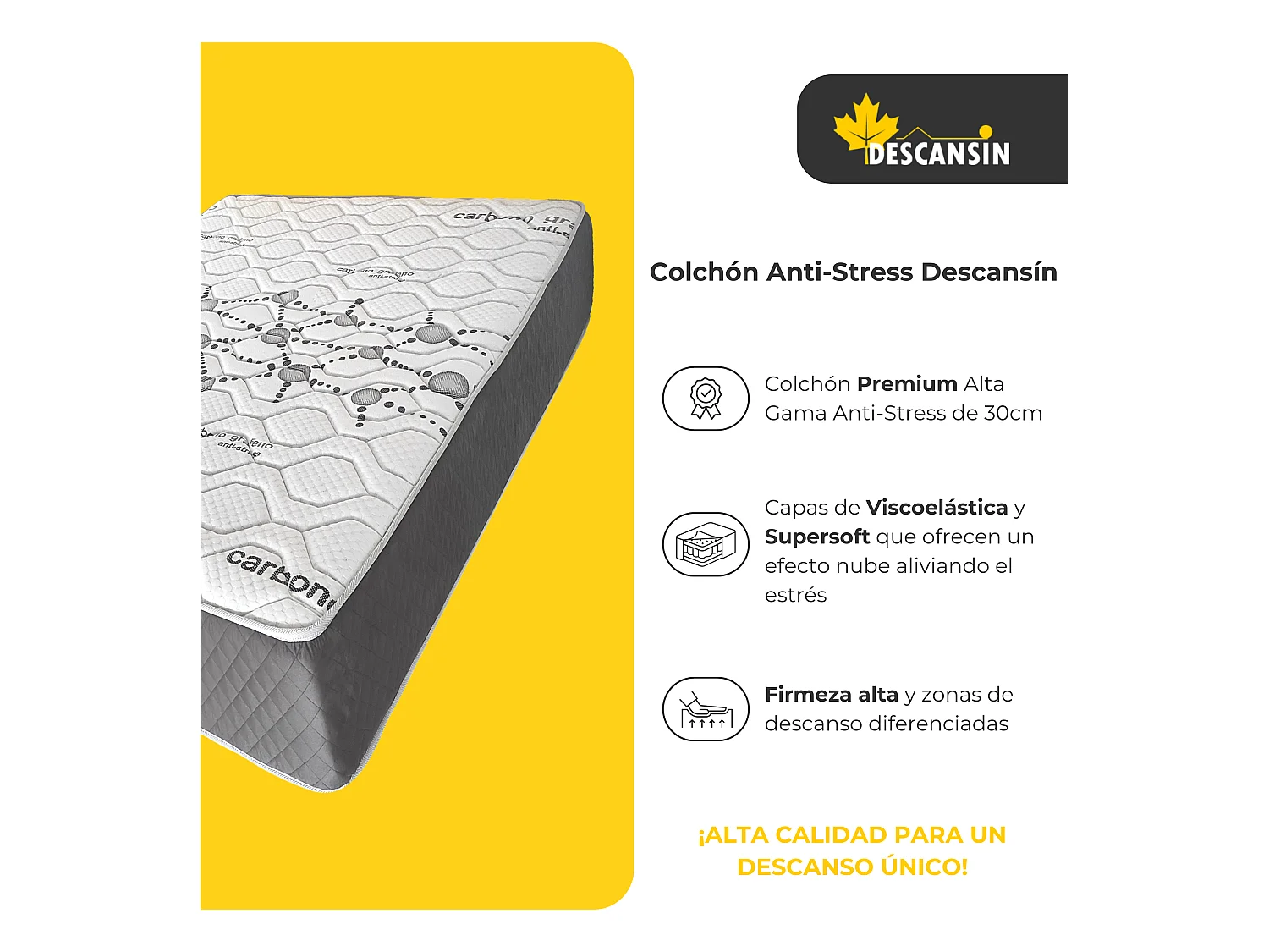 Colchon Viscoelástico 30cm Alta gama | 135 x 180 | Ideal para Personas con Dolores de Espalda | Alta Firmeza | Carbono-Grafeno Anti-Stress