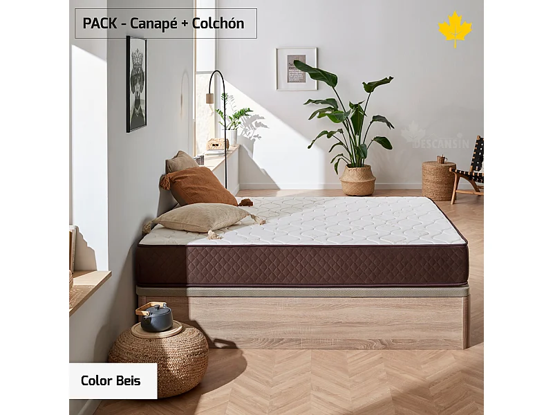 Pack Colchón Descansin + Canapé Abatible 180 x 190 | Color Beis | Maxima Comodidad | Gran Almacenaje