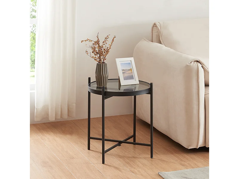 Table d'appoint ronde Lier verre trempé métal 46 x 42 cm noir [en.casa]