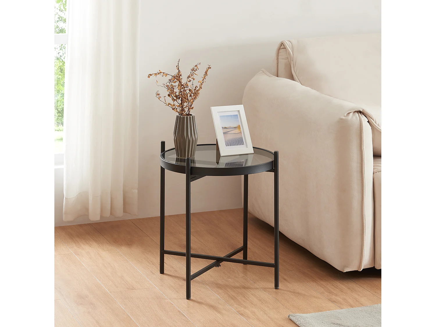 Table d'appoint ronde Lier verre trempé métal 46 x 42 cm noir [en.casa]