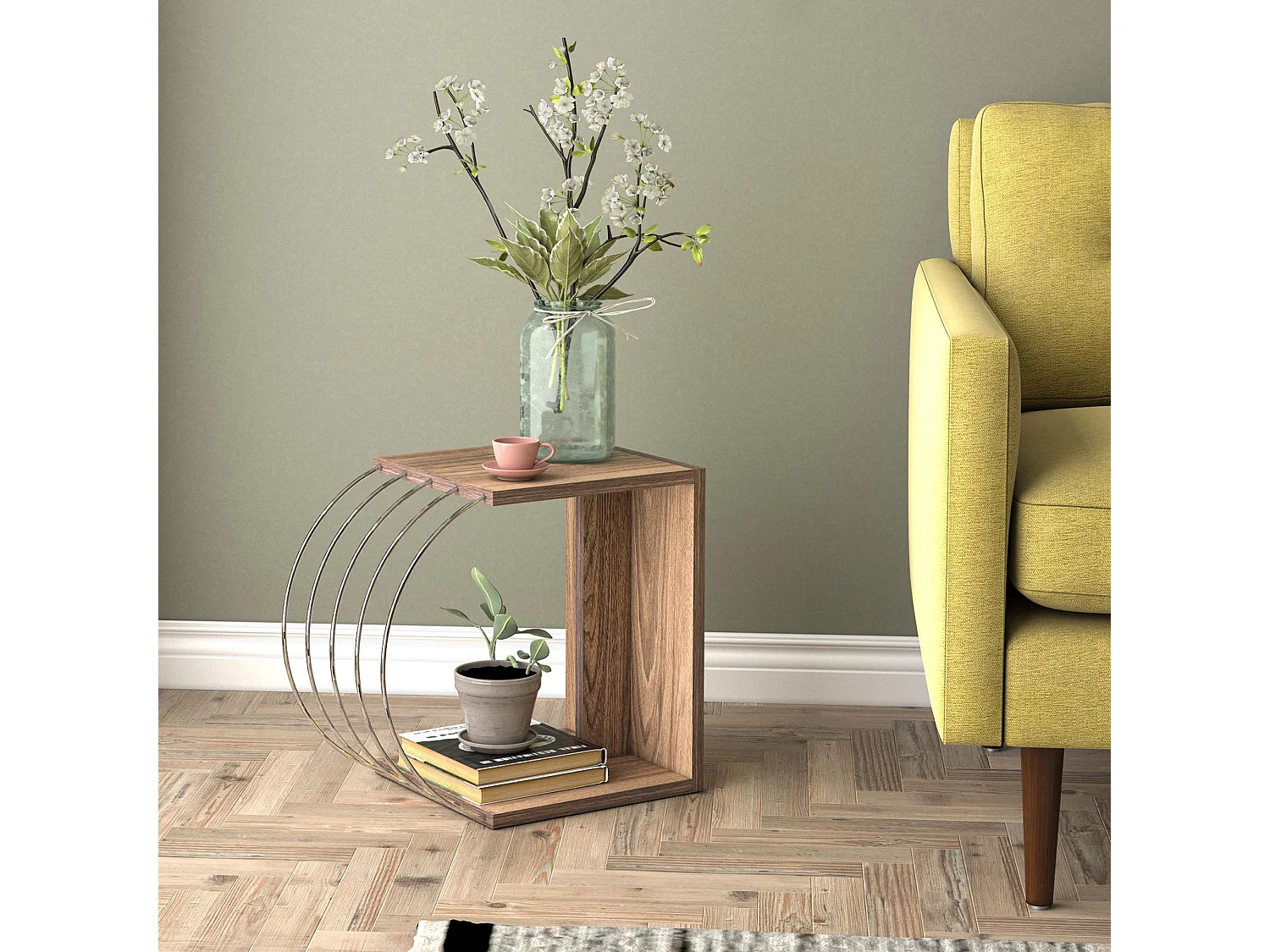 Table d'appoint Vefsn 46 x 30 x 42 cm effet noyer chrome [en.casa]