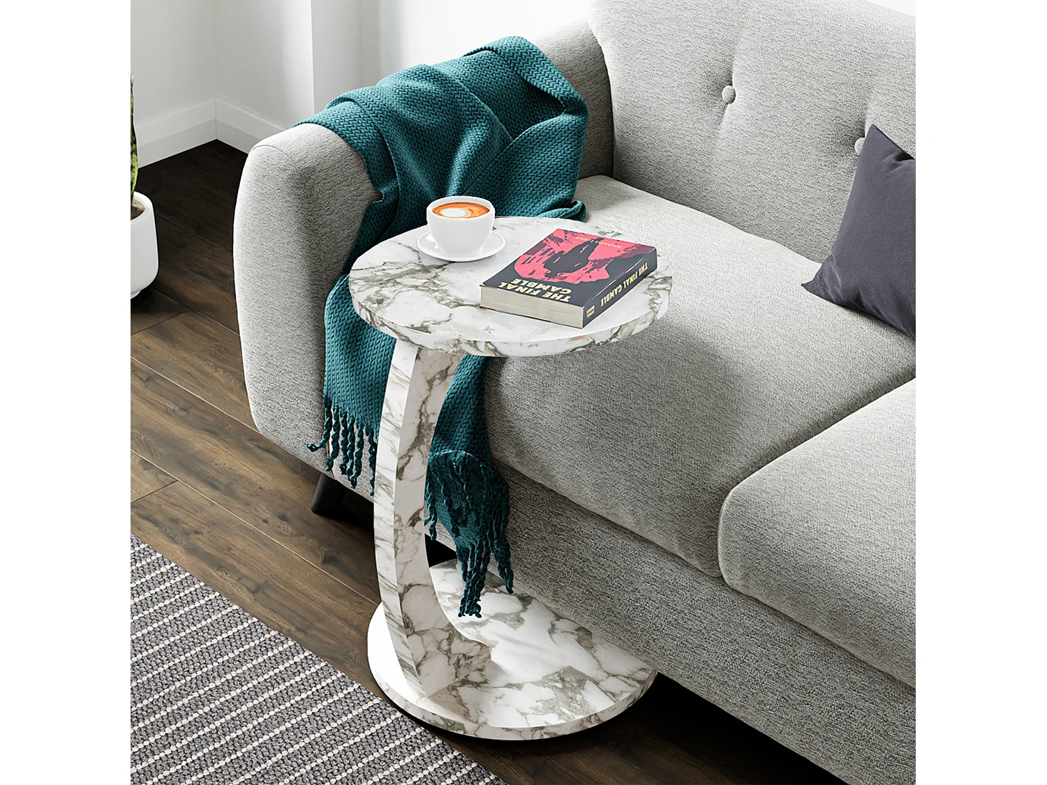 Table d’appoint Holeby ronde à roulettes effet marbre crème [en.casa]