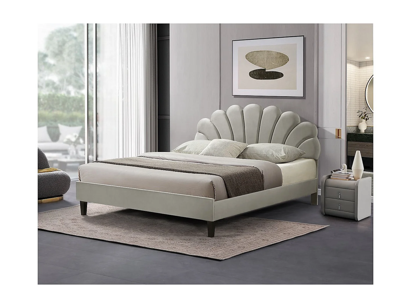 Tweepersoons fluwelen schelpenbed "Manon" 160 x 200 cm Grijs