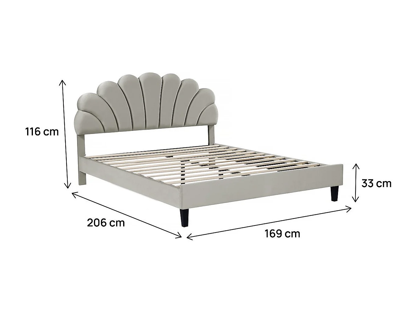 Tweepersoons fluwelen schelpenbed "Manon" 160 x 200 cm Grijs
