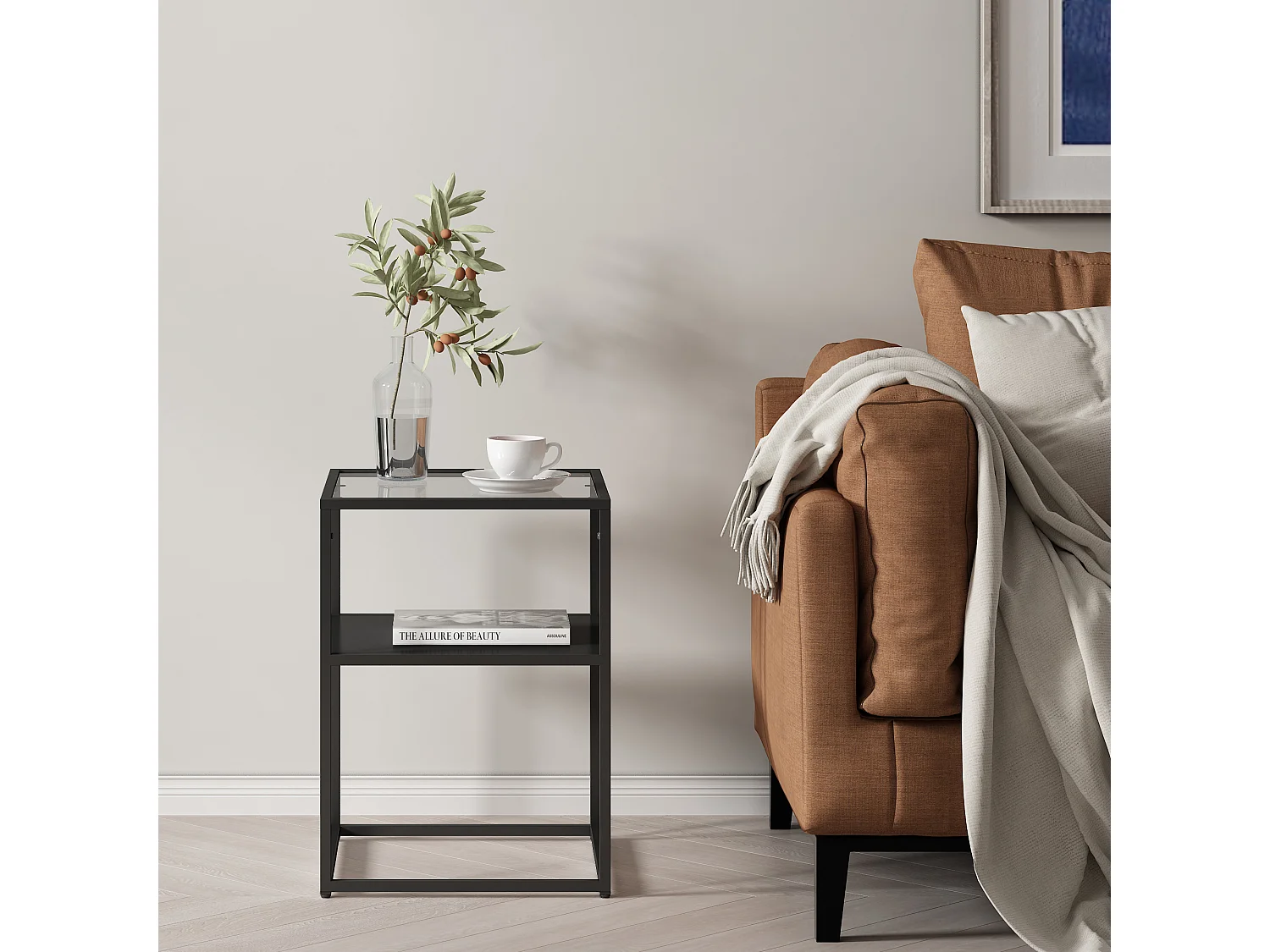 Table d'appoint Solund avec étagère acier verre trempé 55 x 40 x 40 cm noir mat [en.casa]