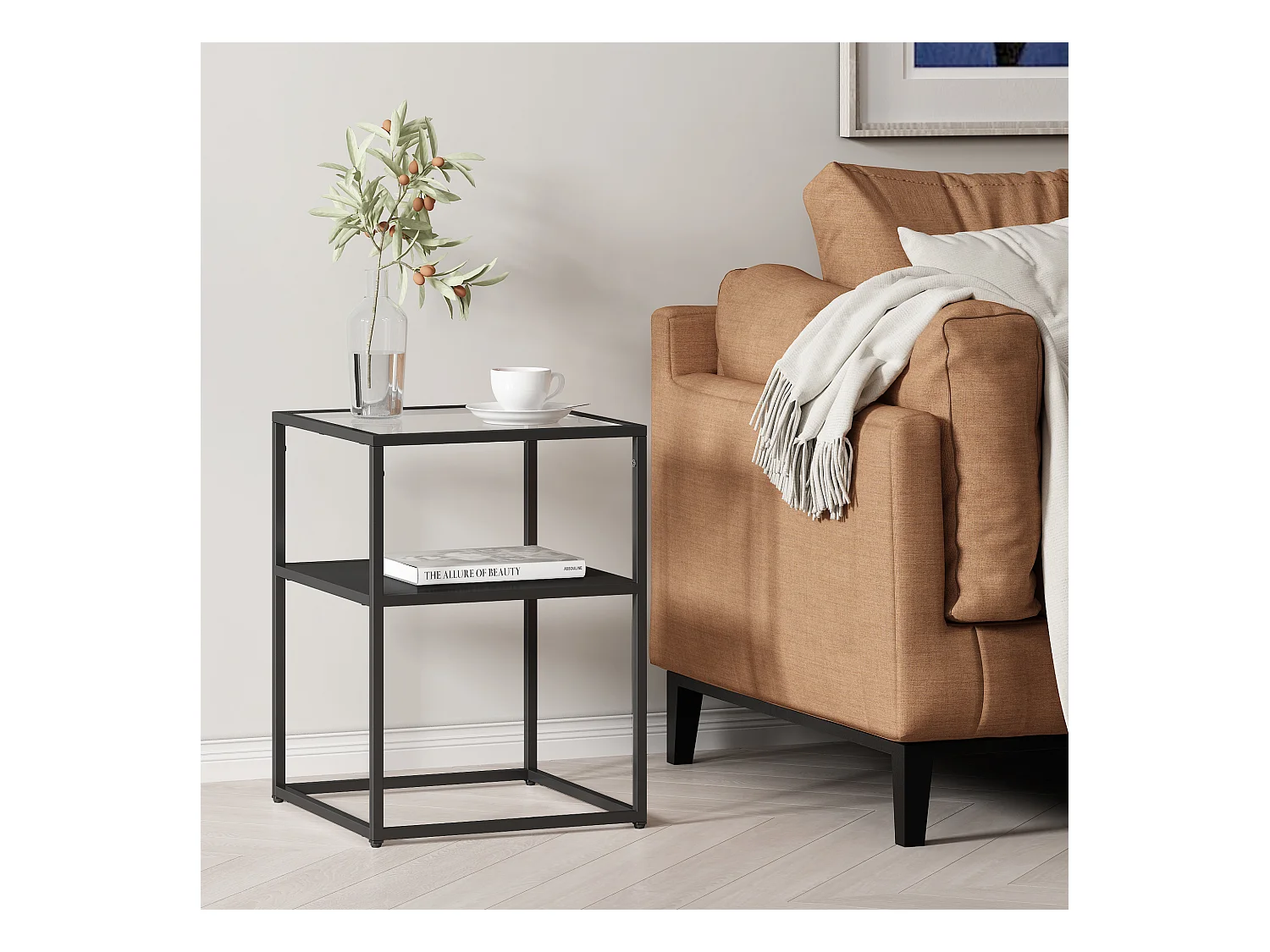 Table d'appoint Solund avec étagère acier verre trempé 55 x 40 x 40 cm noir mat [en.casa]
