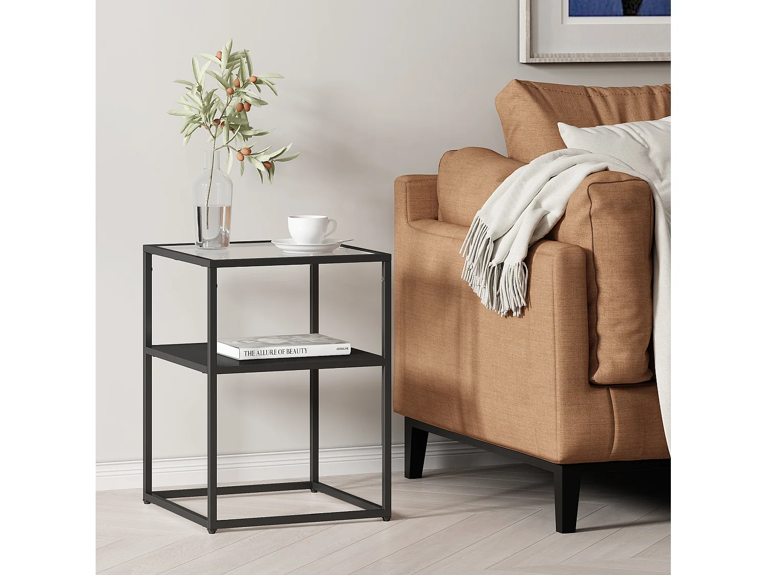 Table d'appoint Solund avec étagère acier verre trempé 55 x 40 x 40 cm noir mat [en.casa]