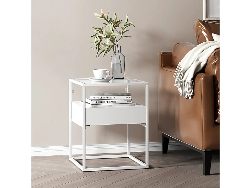 Table d'appoint Vissenbjerg acier laqué verre trempé 51 x 40 x 40 cm blanc mat [en.casa]