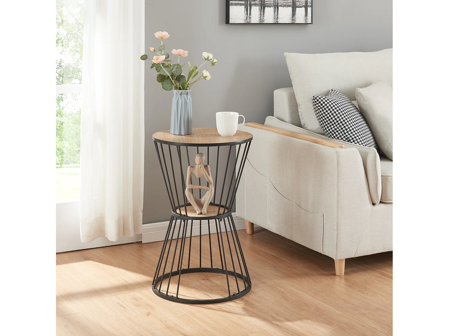 Table d'appoint Fossbergom avec plateau rond et étagère métal MDF 62 x 40 cm noir effet chêne [en.casa]