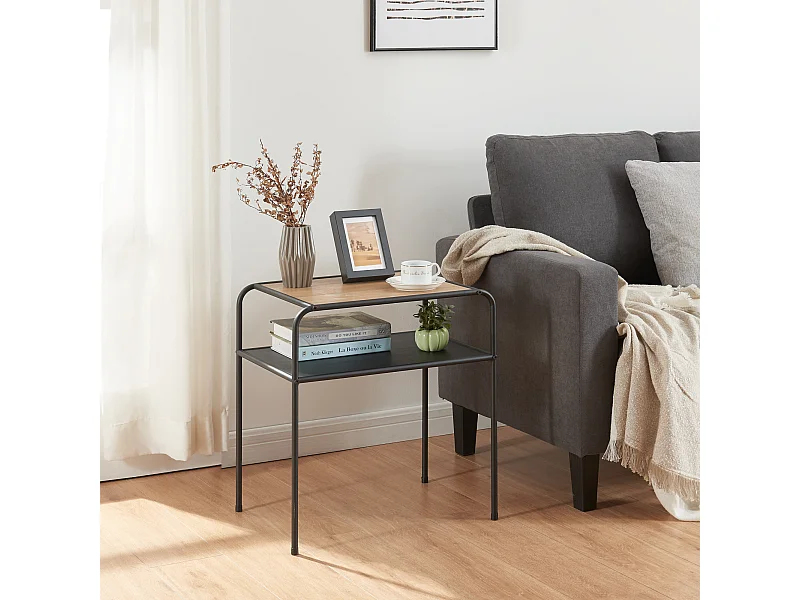 Table d'appoint Krødsherad avec plateau rectangulaire et étagère métal MDF 55 x 51 x 36 cm noir effet chêne [en.casa]