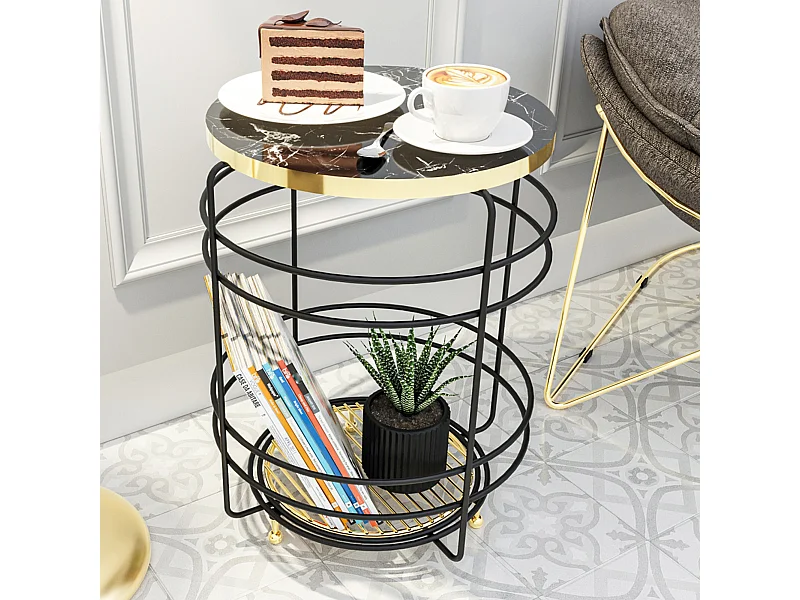 Table d'appoint Padasjoki avec panier de rangement 55 x 40 cm effet marbre noir or [en.casa]