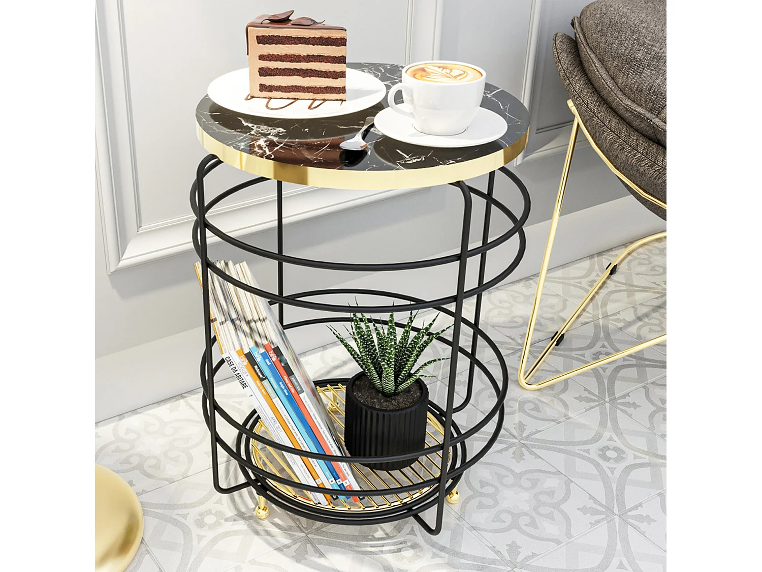 Table d'appoint Padasjoki avec panier de rangement 55 x 40 cm effet marbre noir or [en.casa]