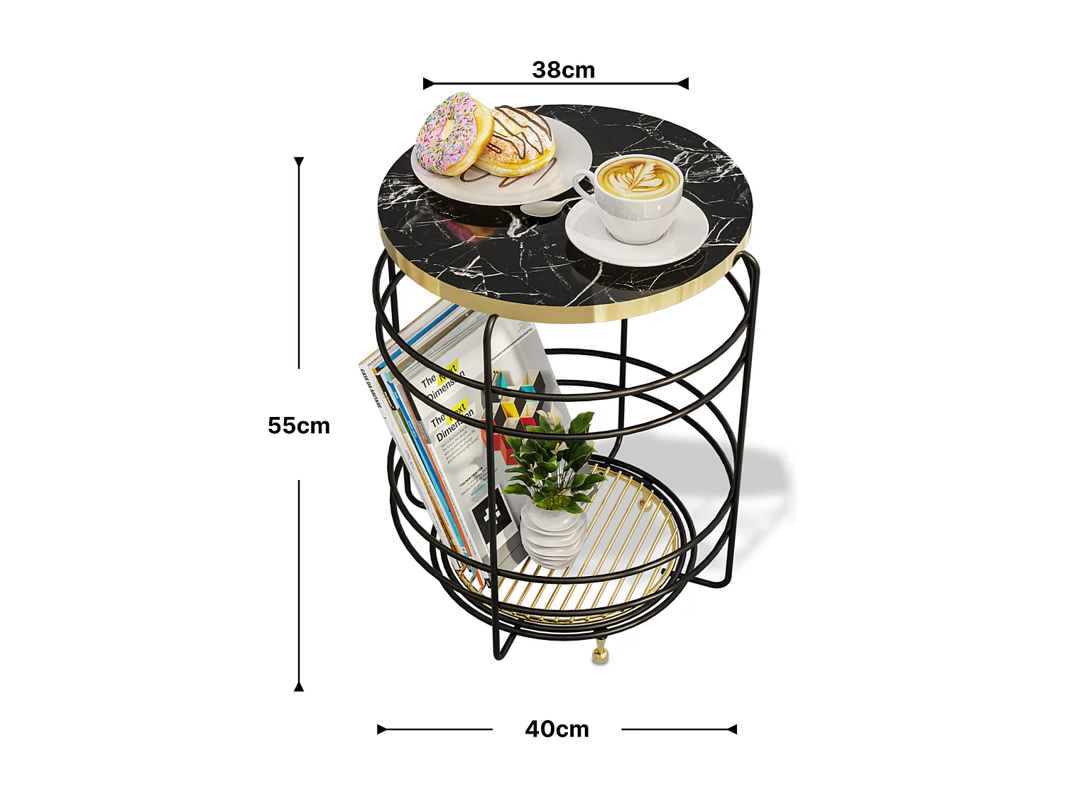 Table d'appoint Padasjoki avec panier de rangement 55 x 40 cm effet marbre noir or [en.casa]