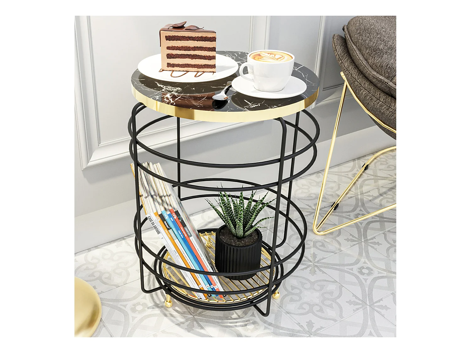 Table d'appoint Padasjoki avec panier de rangement 55 x 40 cm effet marbre noir or [en.casa]