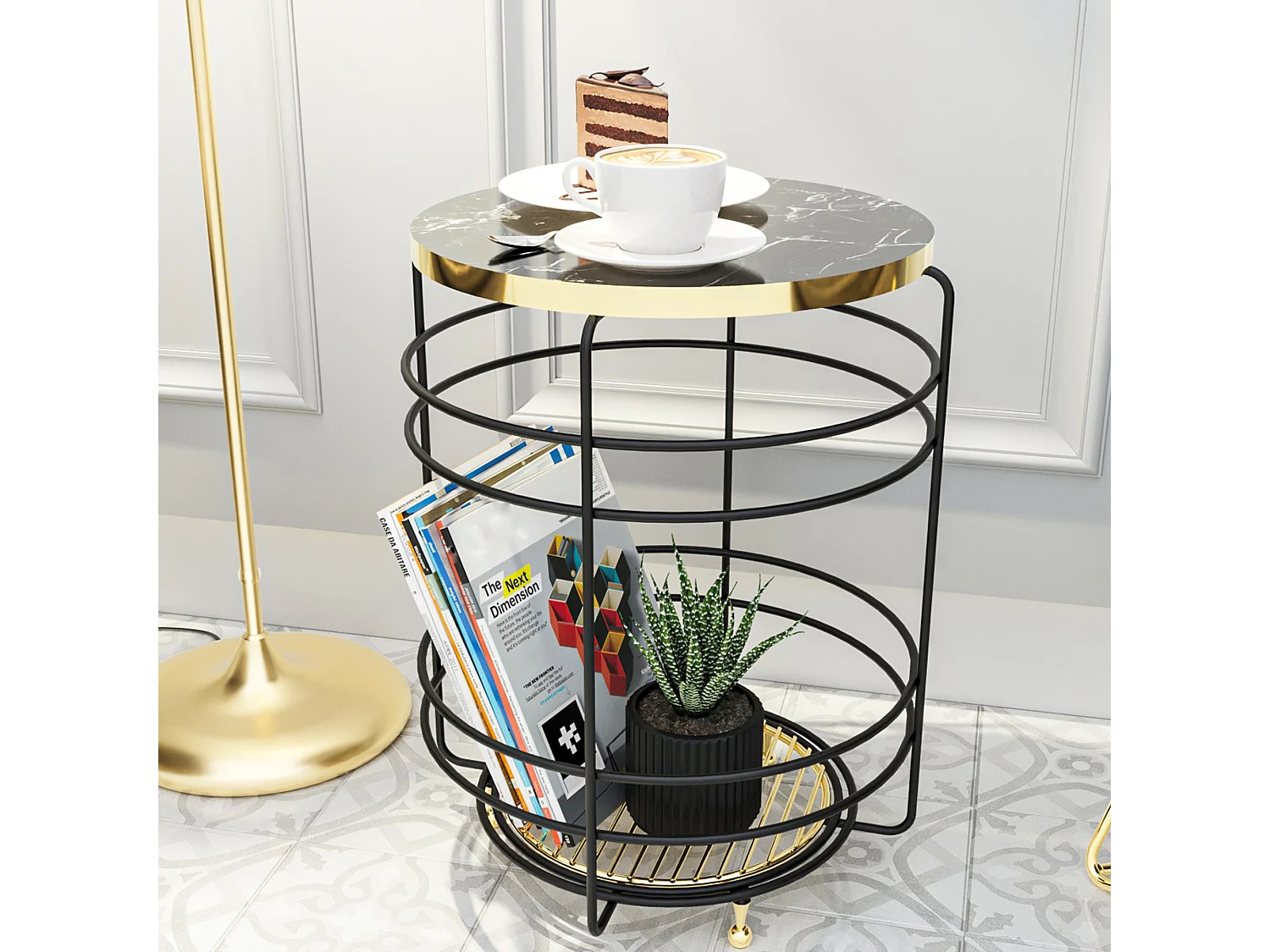 Table d'appoint Padasjoki avec panier de rangement 55 x 40 cm effet marbre noir or [en.casa]