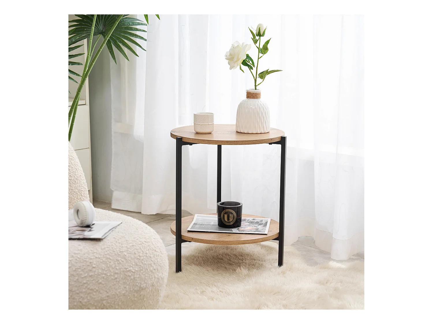 Table d'appoint Kuopio ronde 50 x 40 cm noir et effet bois [en.casa]