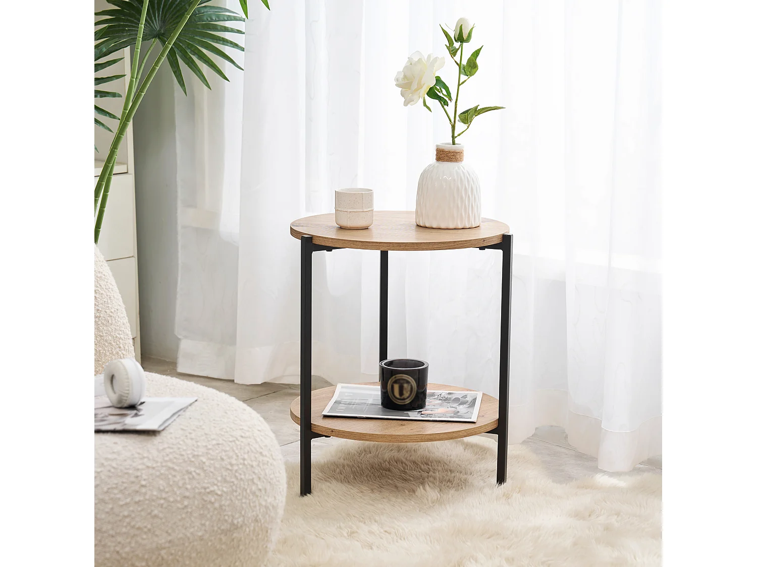 Table d'appoint Kuopio ronde 50 x 40 cm noir et effet bois [en.casa]