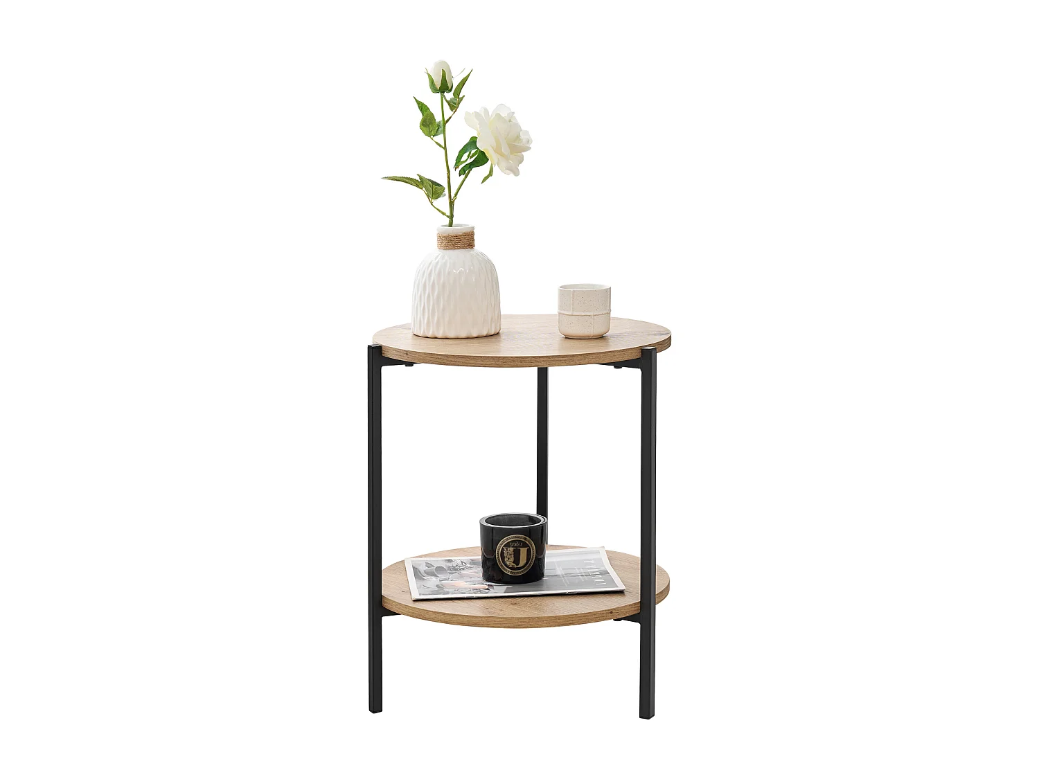 Table d'appoint Kuopio ronde 50 x 40 cm noir et effet bois [en.casa]