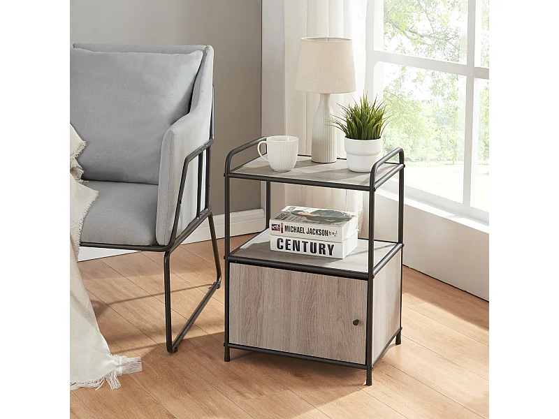 Table d'appoint Gulen avec porte d'armoire métal MDF 60 x 43 x 33 cm noir effet chêne [en.casa]