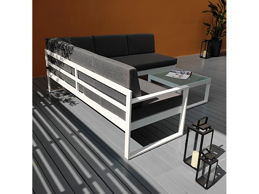 Garten-Lounge-Set Outdoor-Ecksofa + Glas-Couchtisch Jamila