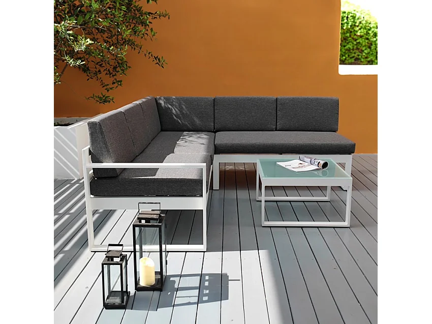 Garten-Lounge-Set Outdoor-Ecksofa + Glas-Couchtisch Jamila
