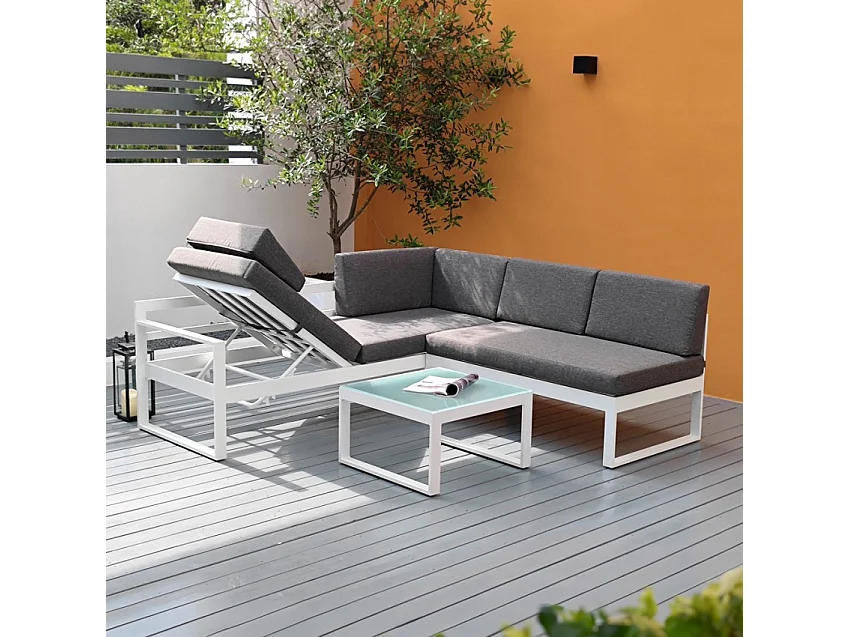 Garten-Lounge-Set Outdoor-Ecksofa + Glas-Couchtisch Jamila