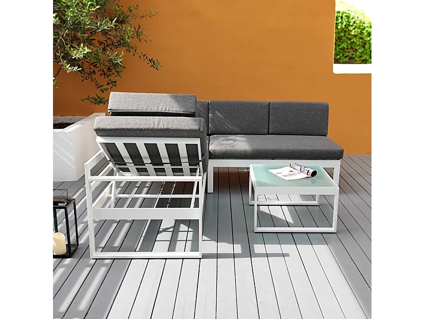 Garten-Lounge-Set Outdoor-Ecksofa + Glas-Couchtisch Jamila