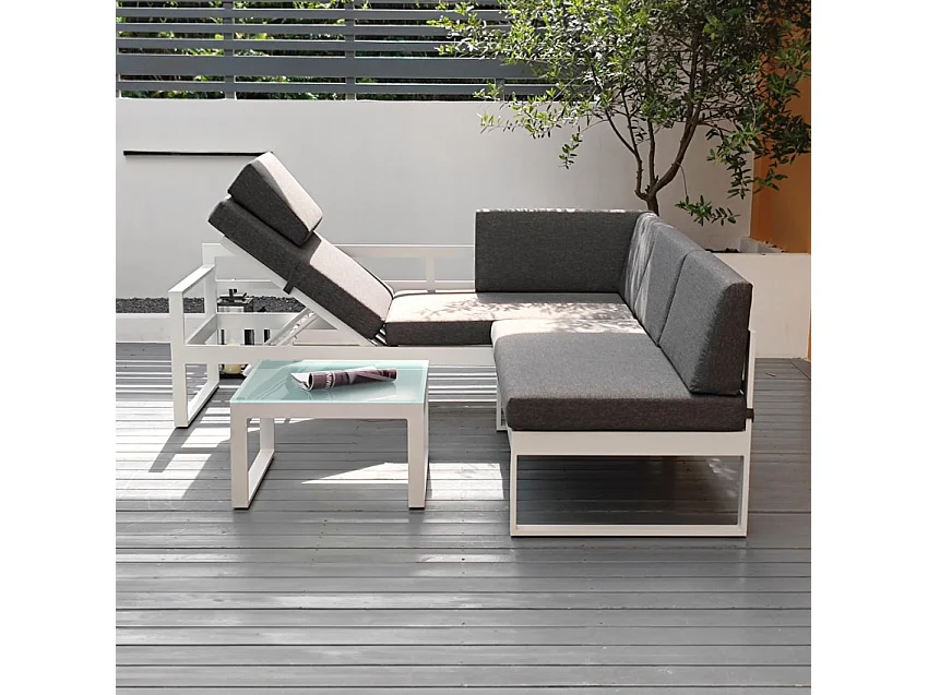 Garten-Lounge-Set Outdoor-Ecksofa + Glas-Couchtisch Jamila
