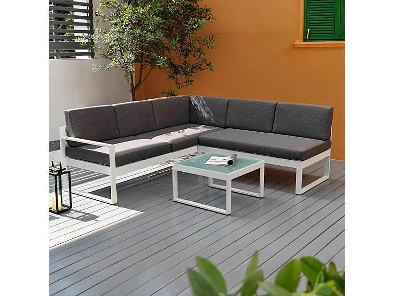 Garten-Lounge-Set Outdoor-Ecksofa + Glas-Couchtisch Jamila