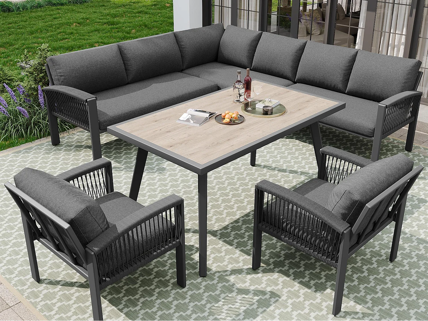 Ensemble de salle à manger de jardin pour 8 places, cordage, 1 table avec veinure de bois, en fer galvanisé, canapé d'angle - 2 fauteuils, gris