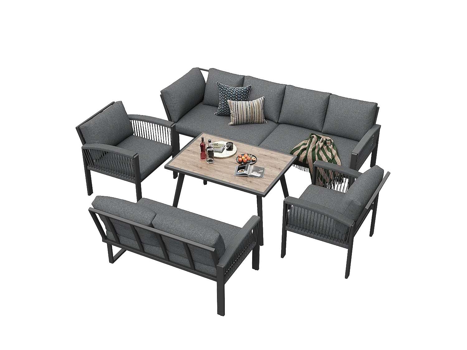 Eetkamerset voor tuin voor 8 personen, touw, 1 tafel met houtnerf, in galvaniseerd ijzer, hoeksofa - 2 fauteuils, grijs