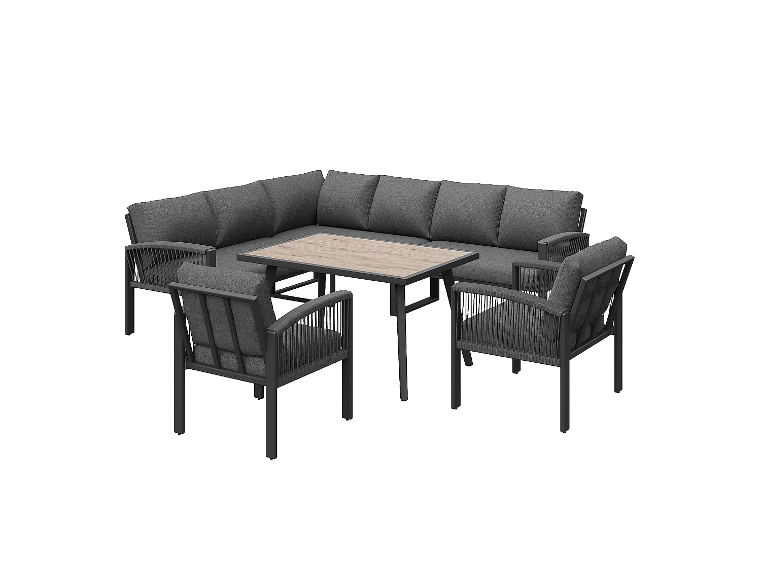 Eetkamerset voor tuin voor 8 personen, touw, 1 tafel met houtnerf, in galvaniseerd ijzer, hoeksofa - 2 fauteuils, grijs