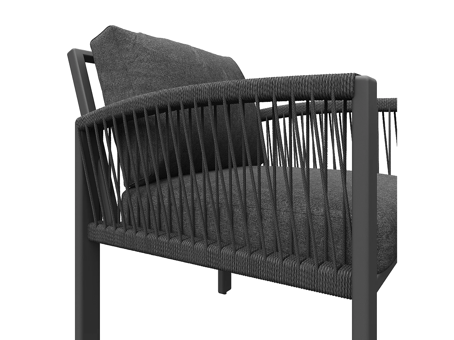 Eetkamerset voor tuin voor 8 personen, touw, 1 tafel met houtnerf, in galvaniseerd ijzer, hoeksofa - 2 fauteuils, grijs