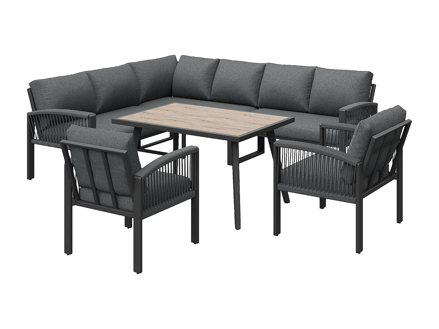 Ensemble de salle à manger de jardin pour 8 places, cordage, 1 table avec veinure de bois, en fer galvanisé, canapé d'angle - 2 fauteuils, gris